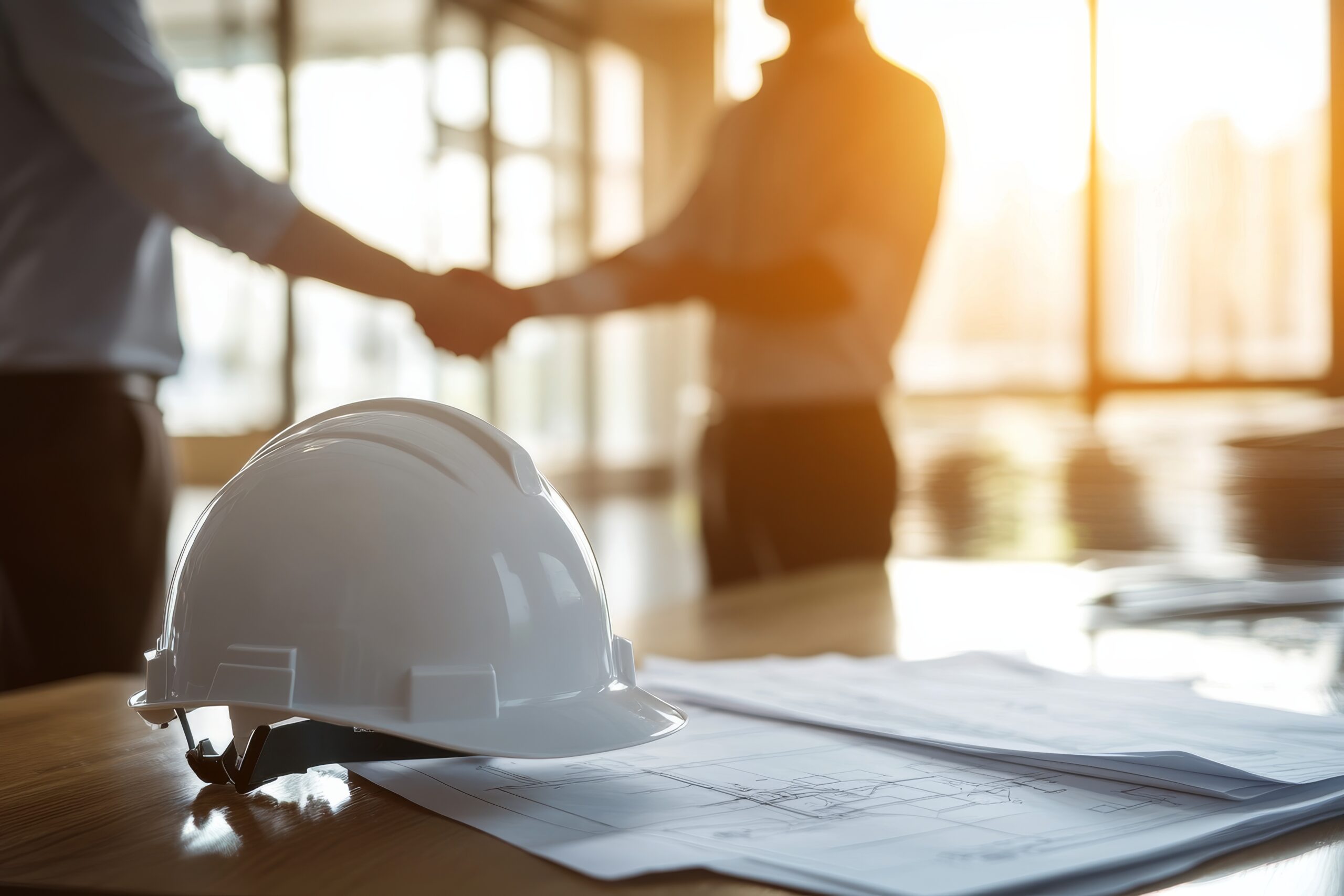 Men shaking hands near construction hat